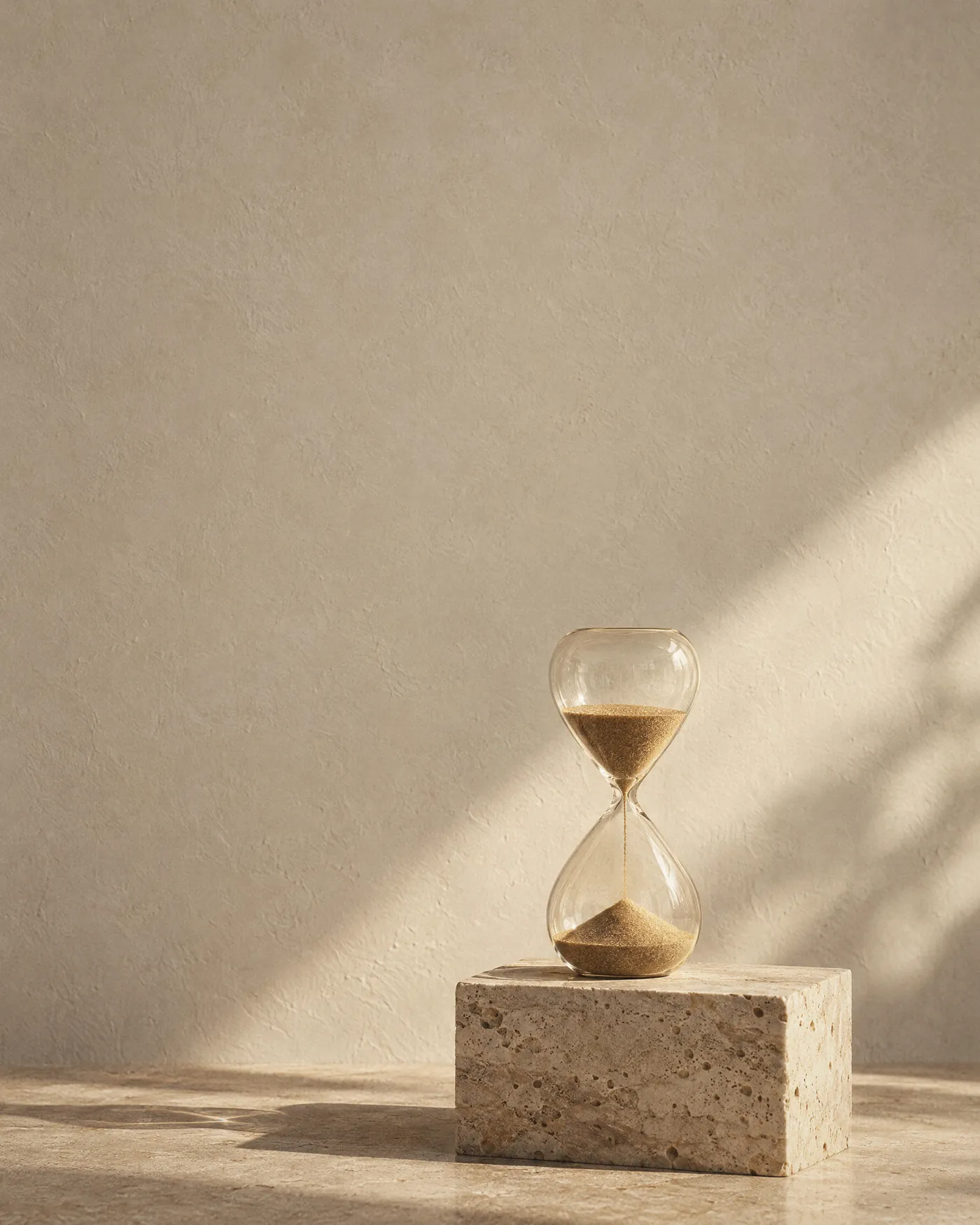 An hourglass on a stone block in warm light